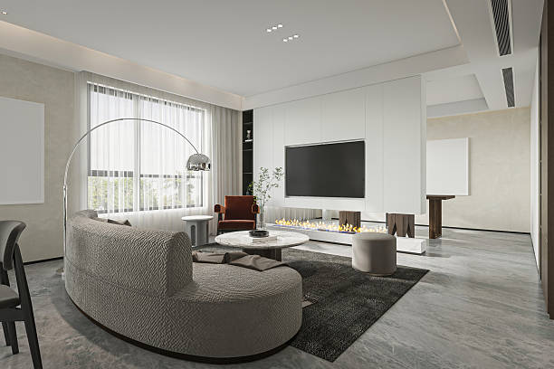 istock Elegant Living Space-Curved Sofa, Modern Fireplace, and Sleek Media Wall 2225151988