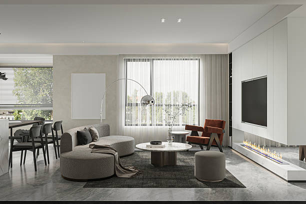 istock Sleek & Serene Living -Modern Design with Curved Sofa & Contemporary Fireplace. 2225152087
