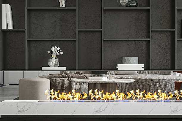 istock Stylish Living Room-Linear Fireplace, Built-in Shelves, and Modern Seating 2225152197
