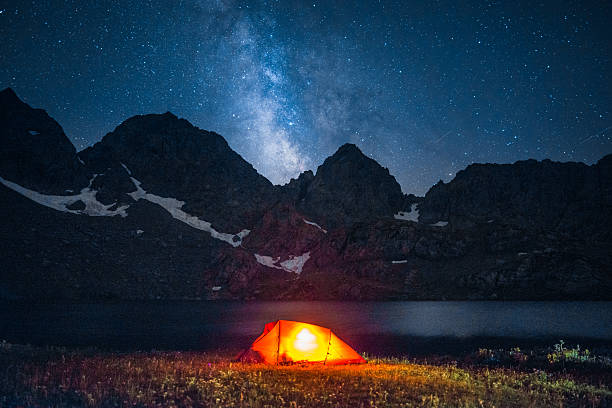 A glowing tent under the Milky Way in a high-altitude mountain landscape. Perfect for concepts like solitude, outdoor adventure, stargazing, and freedom.