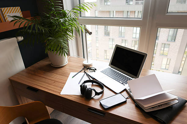 Woman in a white blouse using a laptop at a  office desk near a window, with notebooks, headphones, and indoor plant.