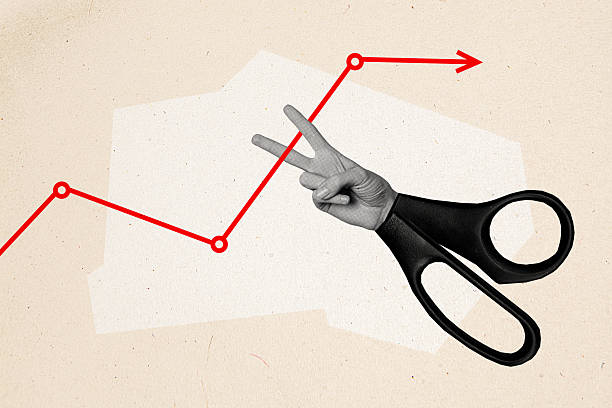 istock Composite artwork sketch image photo collage of monochrome caricature huge scissors instead blade two finger cut trader arrow graphic 2225158461