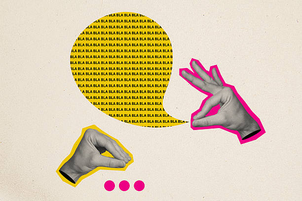 istock Composite photo collage of hand imitate mouth gesture conversation monologue communication nonverbal sign isolated on painted background 2225158647