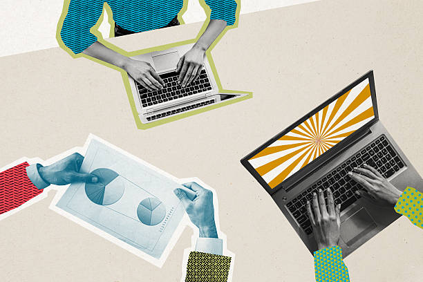 Composite photo collage of office business people gathering type macbook device project discussion paper isolated on painted background.