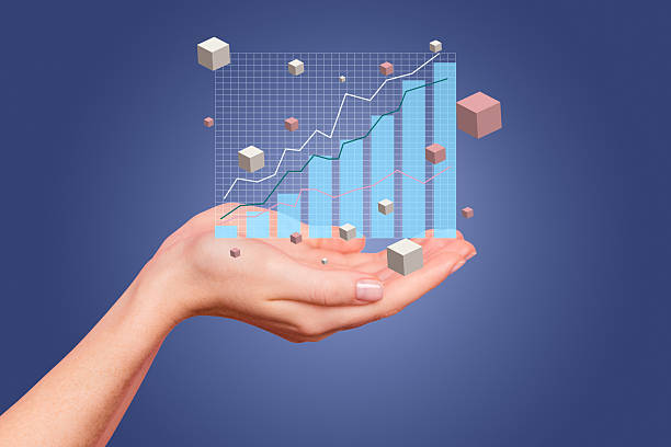 Creative image collage human hand palm 3d cubes geometric figures network diagram charts growth progress drawing background.