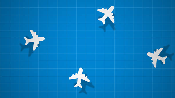 This image shows multiple white airplane silhouettes moving across a blue grid background, simulating global air traffic or a dynamic flight map. The render evokes themes of aviation, travel, connectivity, and worldwide transportation. Smoky route lines and grid elements enhance the modern, technological aesthetic. Ideal for concepts like air transport networks, global business travel, or holiday journey animations. Includes visual space for overlaying text or logos.