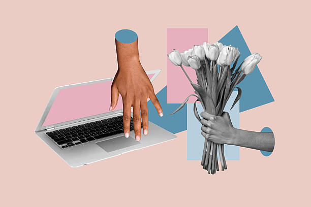 istock Creative collage image 3d hand body fragment laptop computer flowers holiday bouquet hand hold receive gift present drawing background 2225159351