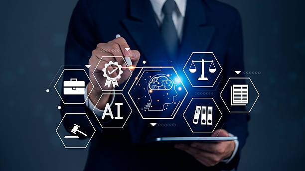 istock man holding a tablet with icons related to artificial intelligence, law, and justice. Modern legal system, data management, and legal advisory services. Judicial innovation and technology. 2225159922