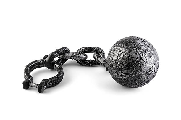 istock Old heavy iron ball with chain and shackle on white background with clipping path 2225160433