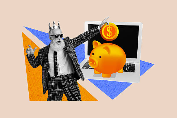 istock Creative collage image elder funky man gentleman macho golden pig coins funds collection laptop internet earnings profit income trader 2225162870