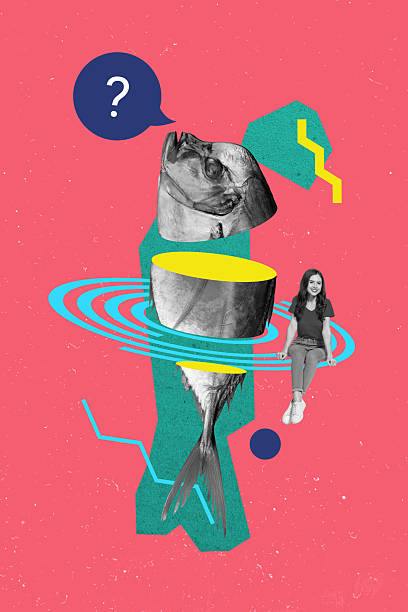 istock Vertical collage 3d pinup pop retro sketch image of smiling lady asking questions unsure fish isolated painting background 2225162960