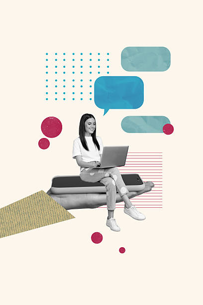 istock Composite trend artwork sketch collage of workspace graphic speech cloud textbox chatting dialog young lady sit display phone write laptop 2225163040