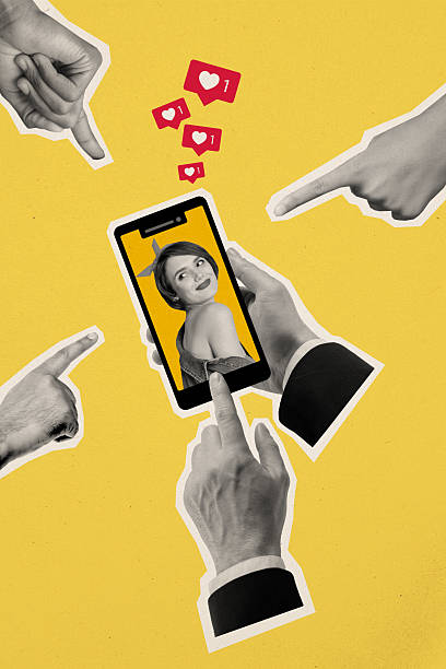 istock Trend artwork composite sketch image photo collage of silhouette hand hold smartphone display woman face like heart pinup finger point 2225164042