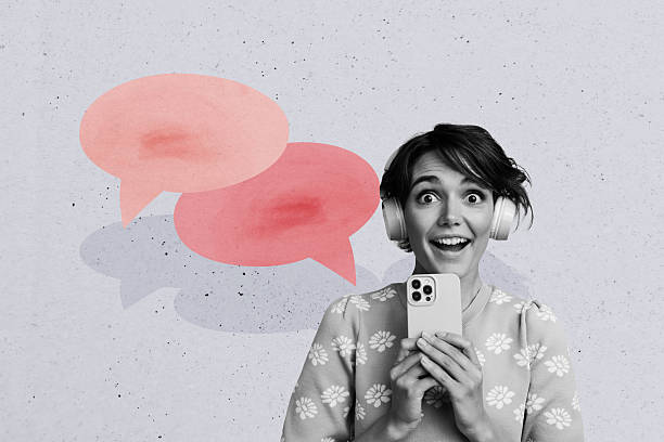 istock Composite trend artwork sketch image collage of speech cloud chatting social media app two young lady hold phone headphones listen music 2225164063