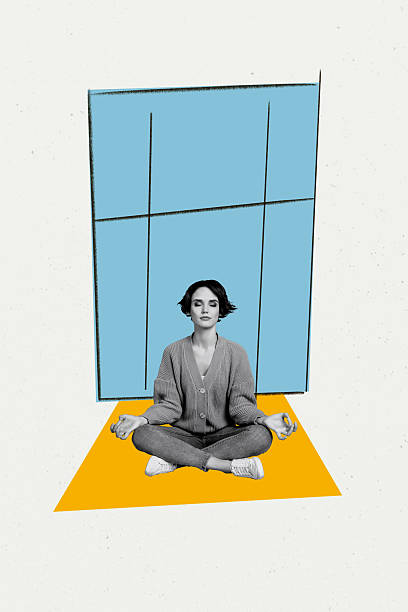 istock Creative vertical poster collage young pretty focused woman meditate lotus pose sit self control calmness drawing background 2225164270