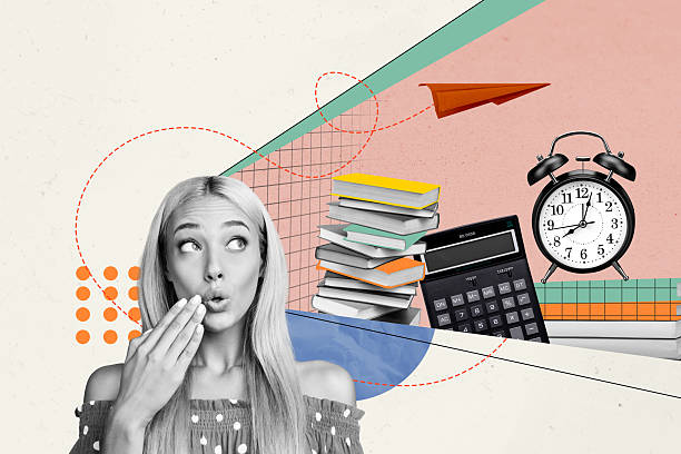 istock Artwork composite sketch collage of lady portrait shock grimace overloaded clock deadline calculator count number pile book workspace 2225164535
