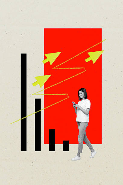 istock Vertical collage young cheerful girl walk smartphone typing indicators arrows up direction charts progress signal network communication 2225164875