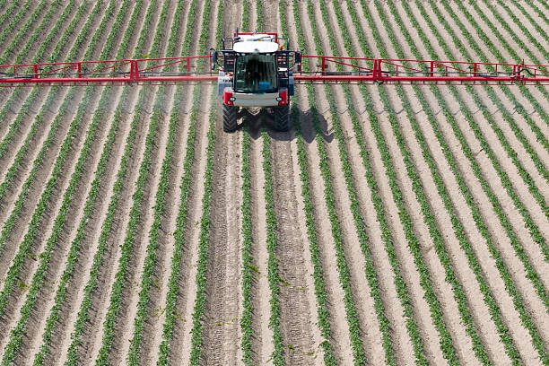 Agricultural crops sprayer spraying herbicides, pesticides or fertilizers on an agricultural field during springtime in Flevoland, Netherlands.