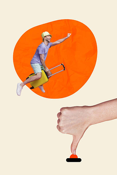 istock Vertical composite artwork collage image picture of big arm thumb press button mini guy fly suitcase isolated on creative background 2225165284