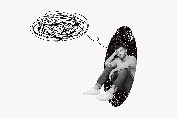 istock Composite trend artwork sketch collage of copybook workplace monochrome line doodle mess mind think stress young man headache sit hole sad 2225165347