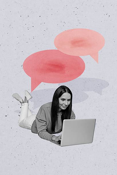 istock Composite trend artwork sketch image photo collage of copyspace speech cloud chatting social media app young lady work laptop lying down 2225165672