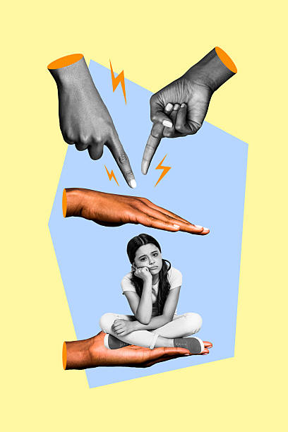 istock Trend artwork sketch composite collage of monochrome hand appear mockery gesture finger point bully arm keep small sad school age girl 2225166849