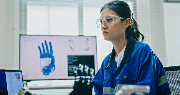 istock Young female engineer works on controlling a robotic arm in tech lab. Display AI and robotics hand design operates machinery and analyzes data for innovation. AI and Robotics Development. 2225168876