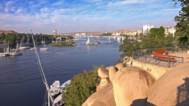 Beautiful landscape with felucca boats on Nile river in Aswan at sunset, Egypt, timelapse