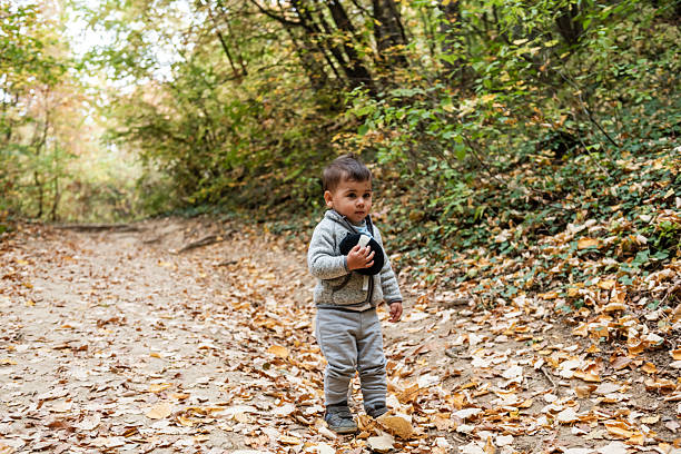 Young child enjoying a peaceful walk on a path covered with fallen leaves in a serene autumn forest, holding a comforting plush toy