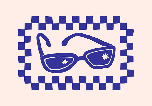 Sunglasses stamp, hand drawn summer doodle print. Beach, marine and Mediterranean vibes. Retro postcard-style clipart in coastal, naive design. Perfect for travel, fashion, and decor.