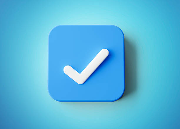 istock 3d shiny blue light with blue square icon and white check mark on blue background 3d illustration 2225179614