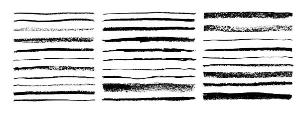 stockillustraties, clipart, cartoons en iconen met horizontal crayon drawn straight lines. scratchy strokes with rough edges. thin and thick long chalk lines collection. charcoal underlines with rough texture. vector doodle smears, strike through. - grafiet