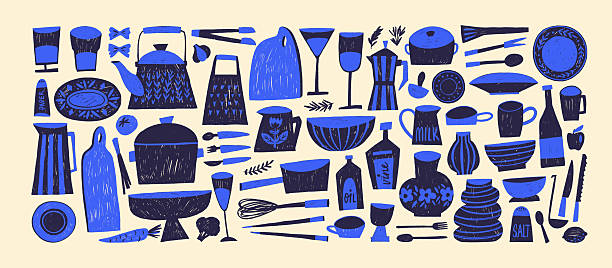 stockillustraties, clipart, cartoons en iconen met abstract kitchen appliances and utensils drawn by blue crayon or pencil. hand drawn vector cute childish illustrations. - schaal serviesgoed