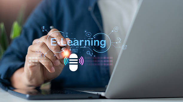 Hand using digital pen on tablet with E-learning icon, voice interaction, and online education symbols, representing modern virtual learning concept.