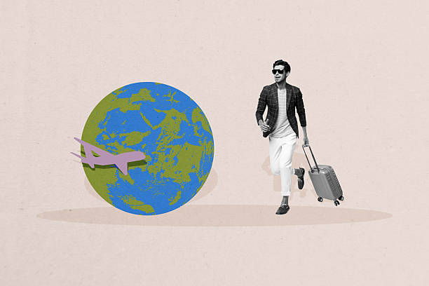istock Poster creative image collage of guy run fast hurry late for flight abroad earth on pastel color background 2225184793
