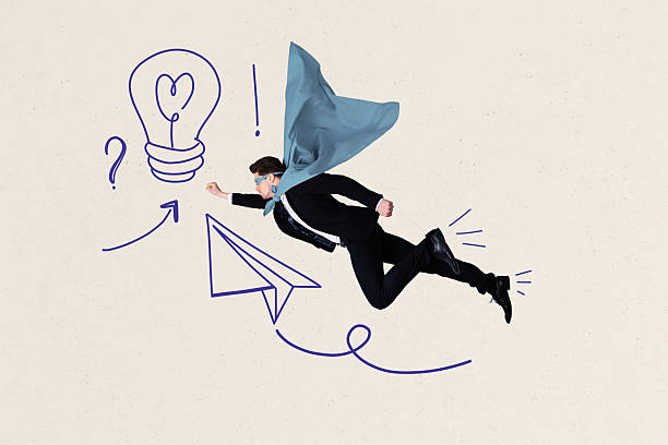 istock Creative collage image young businessman entrepreneur startup reach goal success lightbulb lamp airplane paper flight superhero 2225184803