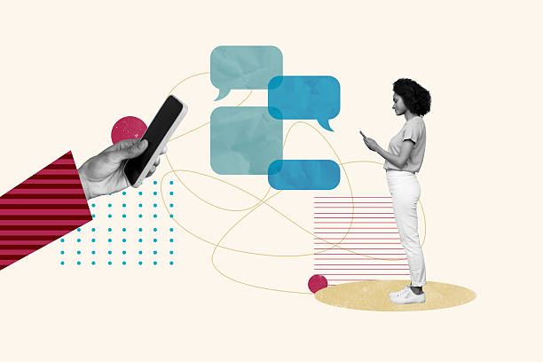 istock Trend artwork sketch image composite 3D collage of workspace graphic speech cloud textbox chatting dialog young lady hold smartphone type 2225184963