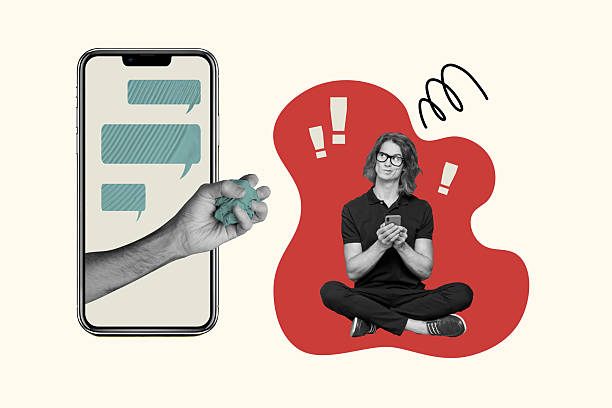 istock Composite photo collage of minded geek guy hold iphone device hand delete message correspondence text box isolated on painted background 2225185061
