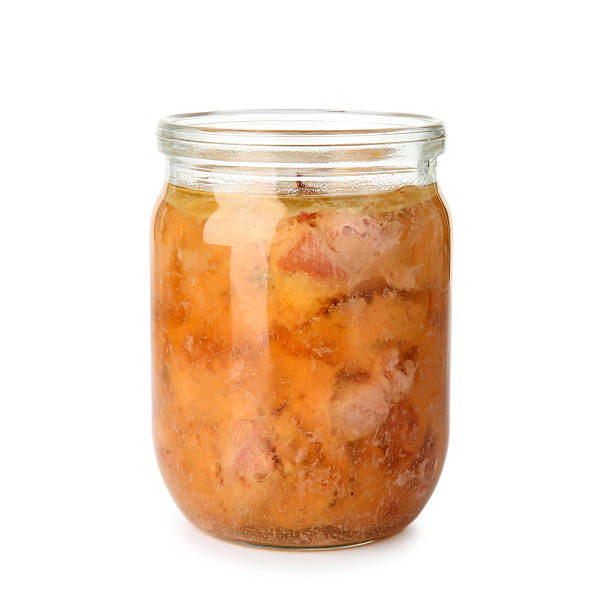 istock Canned meat in glass jar isolated on white 2225186249