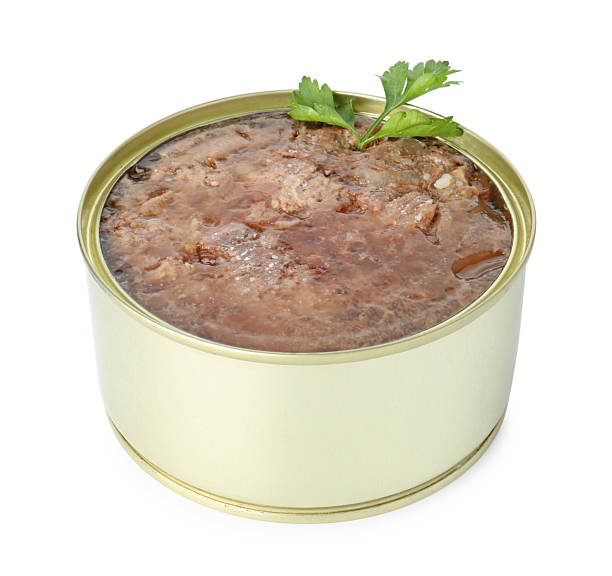 istock Canned meat in tin can and parsley isolated on white 2225186251