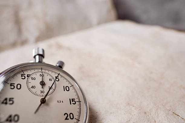 copy space, Clock time stop watch ticking on a 5 seconds. antique Mechanical stopwatch Half of Clock dial close-up isolated. vintage textured paper background, Antique Wristwatch Macro Closed