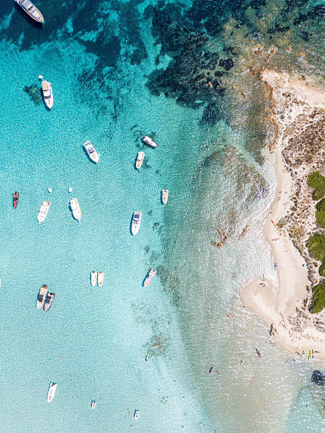 Boats anchored in clear turquoise water near a sandy beach with green vegetation. Scenic coastal landscape with leisure boats and calm sea. Summer vacation and marine recreation concept.