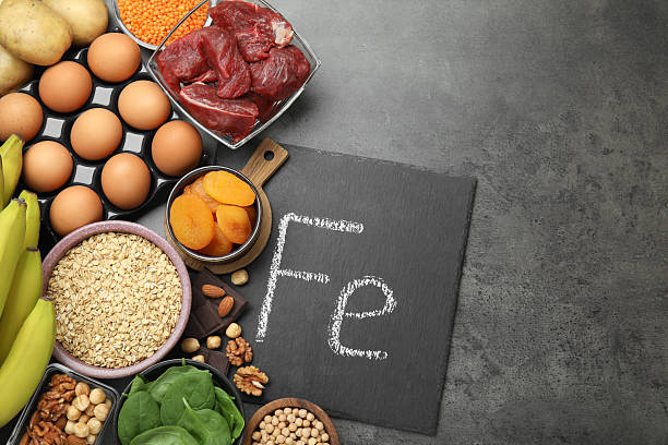 istock Diet plan for anemia. Different products rich in iron and slate board with Ferrum symbol on grey table, flat lay. Space for text 2225188017
