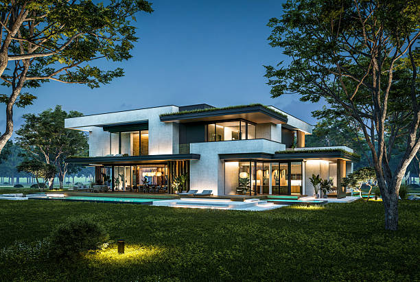 istock 3d rendering of two-story house with concrete facade in night 2225201236