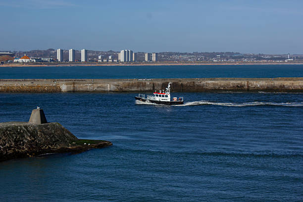 A vibrant coastal scene featuring a black and white boat cruising through calm blue waters. The boat is dwarfed by the expansive cityscape in the background, which includes towering skyscrapers.