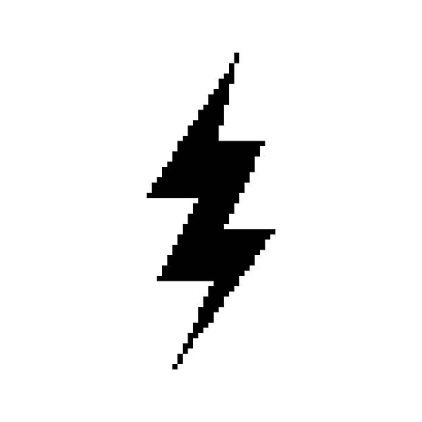 istock ightning Bolt templates in pixel art style. Black solid electricity symbol. Energy, power, labels. Isolated on white background. 2225207554