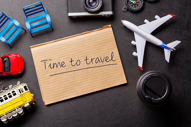 istock Creative flat lay of a travel-themed desk with notepad for plans 2225216370
