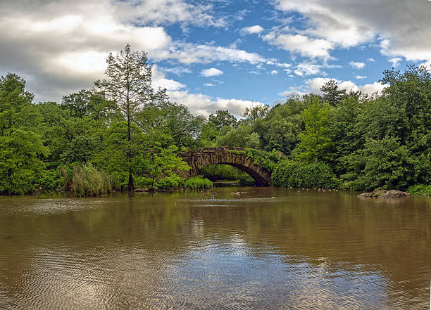 This is a scenic Central Park landscape with the landmark, Gapstow Bridge crossing over The Pond on a warm autumn day.