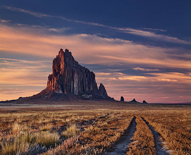 Shiprock, the great volcanic rock mountain in desert plane of New Mexico, USA