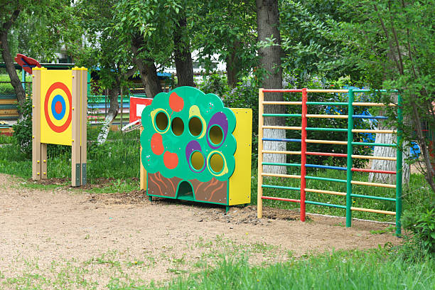 Children educational play sports ground in kindergarten.